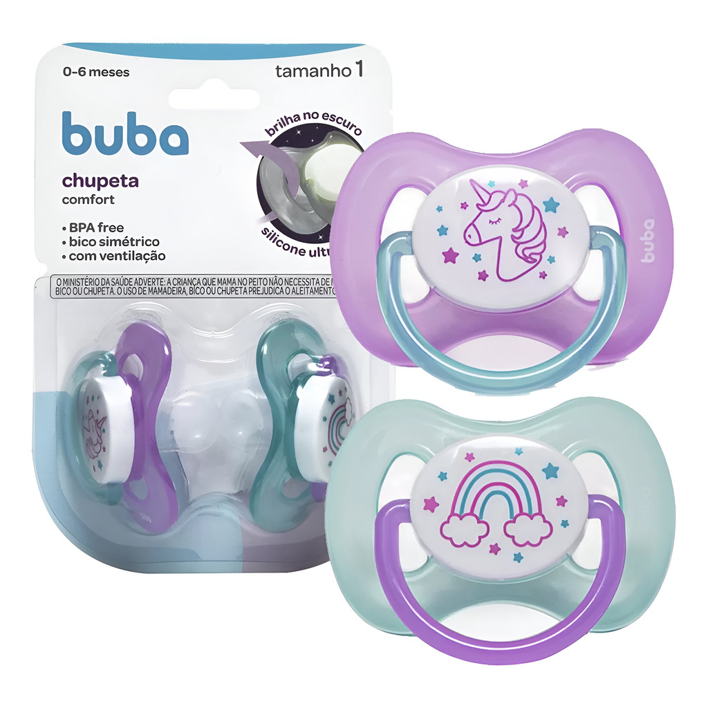 Kit 2 Chupetas Silicone Confort Ultra Soft +0 Meses Tamanho 1 e 2 Brilha No Escuro Bebe Bico Buba