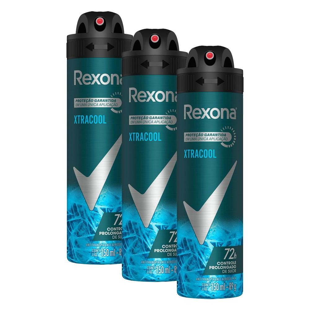 Kit com 3 Desodorantes Antitranspirantes Aerosol Masculino Rexona Xtracool 72 horas 150ml cada