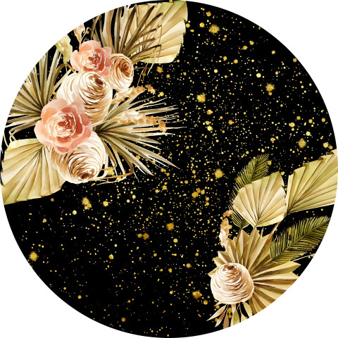 NOVO Painel Festa Infantil Redondo Floral Dourado Gold, Fundo Preto + Arco, Suporte incluso. Fazemos personalizado com qualquer tema. Confeccionado em Lona fosca, impressão de alta resolução. cenário , p/ Decoração