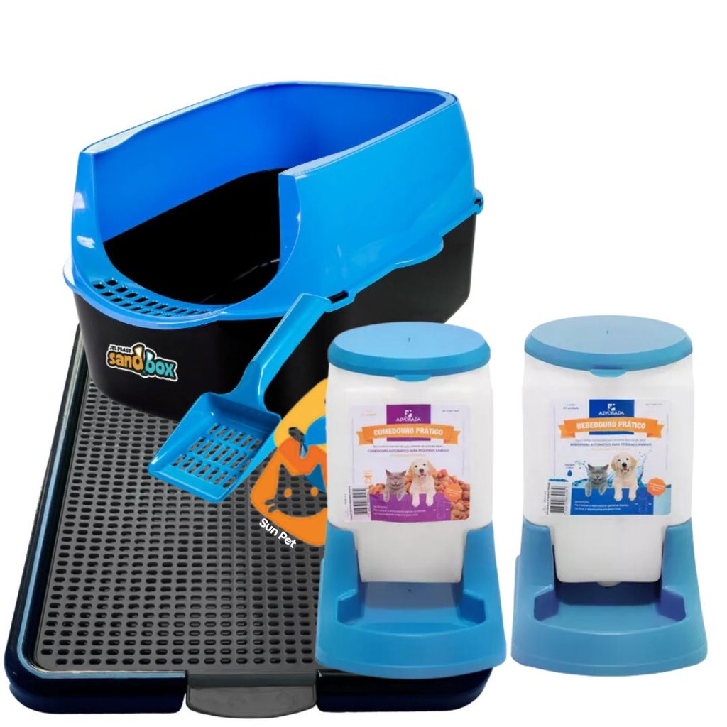 Kit Caixa de Areia Para Gato Sandbox Grande + Sánitario 2D Pet Preto + Kit Comedouro e Bebedouro Automático Alvorada 3lts