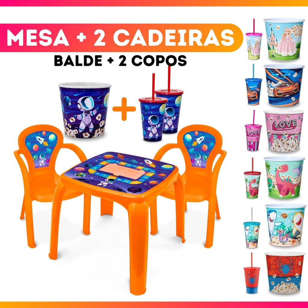 Kit Mesa Mesinha Infantil 2 Cadeiras 2 Copos 1 Balde de Pipoca Estampada Combinando Menino Menina