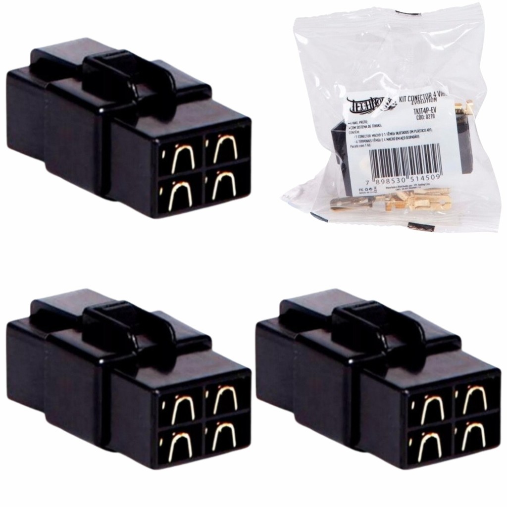 Kit 03 Conector 4 Vias Technoise Com Trava Macho E Fêmea Som
