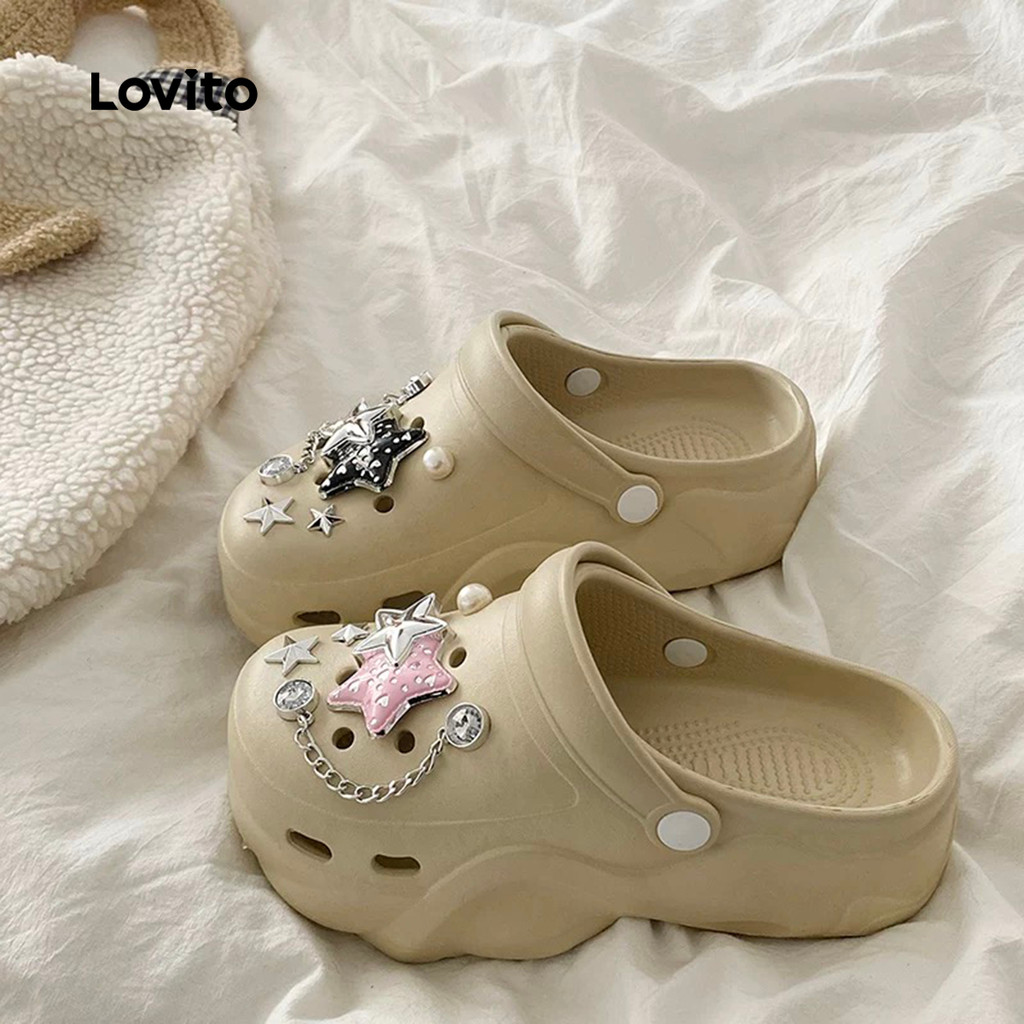Lovito Corrente De Pérolas De Obrigatório Para Pessoas Preguiçosas, Sandálias Planas Para Mulheres LFA82117 - Women Shoes