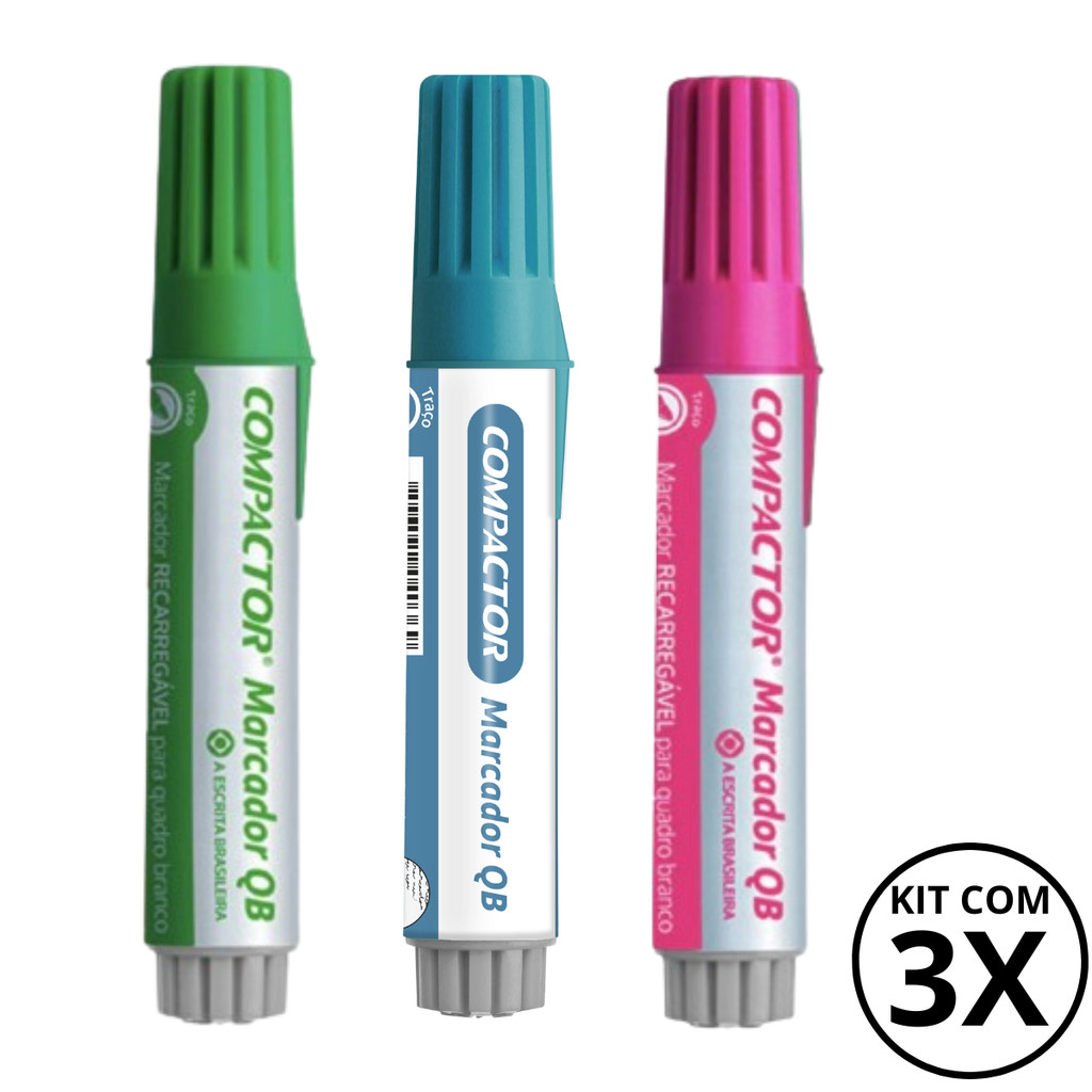 Kit com 3 Marcadores Para Quadro Branco - COMPACTOR COR:TURQUESA+VERDE+ROSA