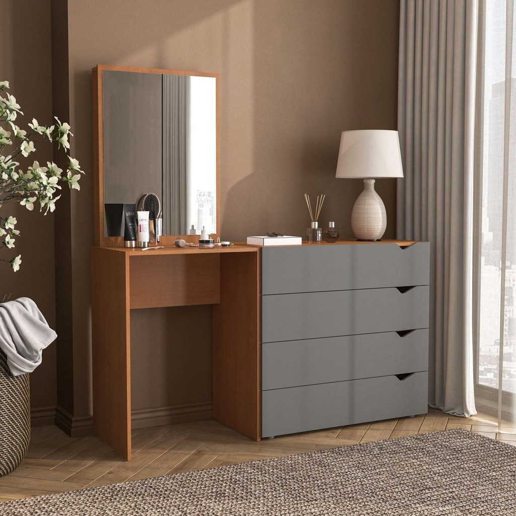 Cômoda Penteadeira 4 Gavetas com Espelho Porto Cinza/Freijó em Oferta na Shopee