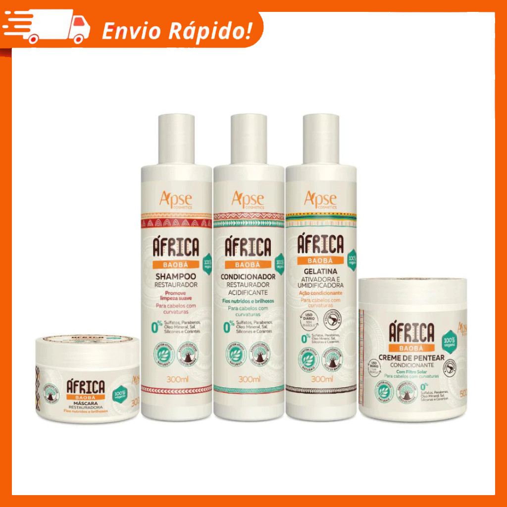 Kit África Baobá Apse 5 Itens Shampoo, Condicionador, Máscara, Gelatina e Creme de Pentear - Apice