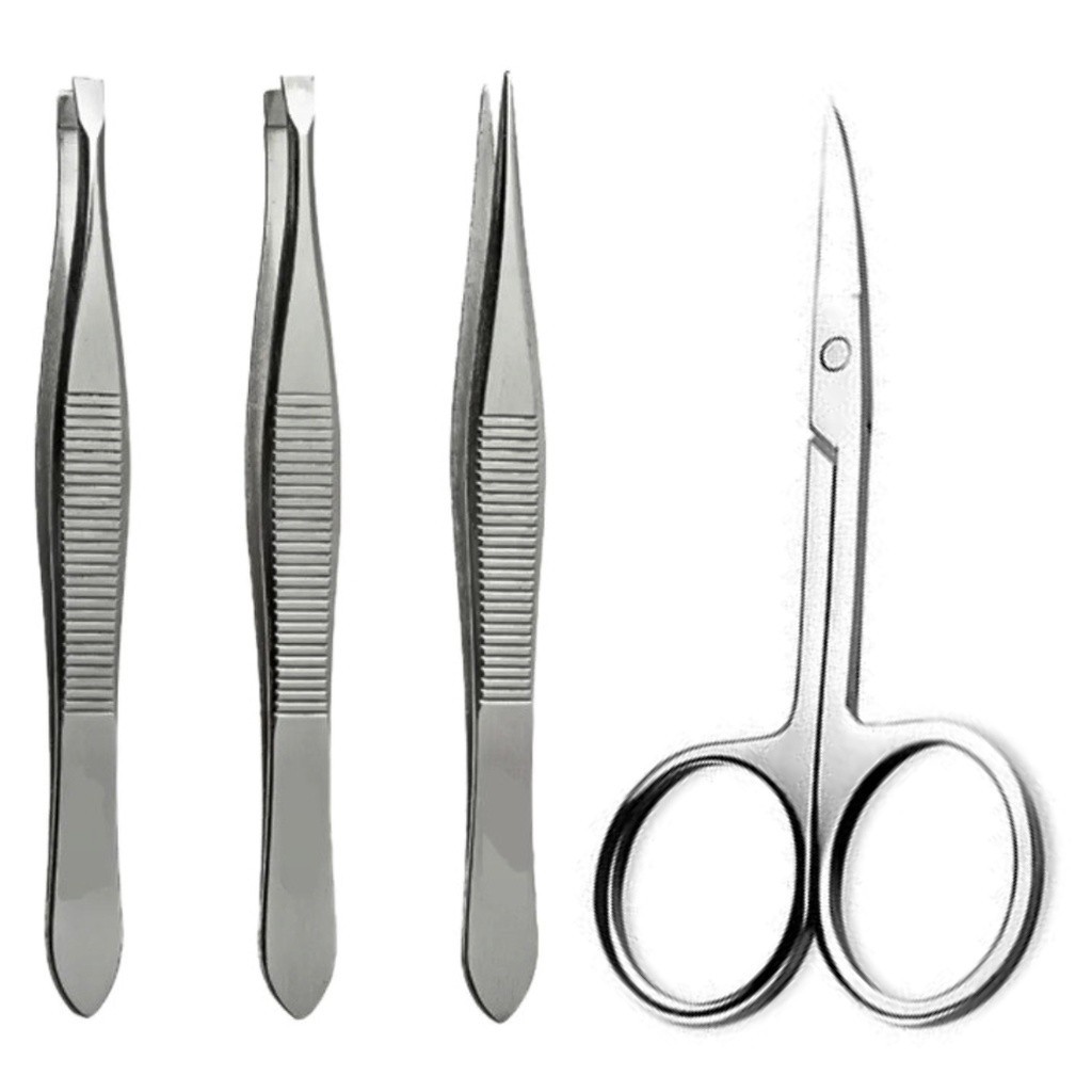 Kit 3 Pinças Profissional (Reta + Chanfrada + Ponta Agulha) + Tesoura Tesourinha Sobrancelhas