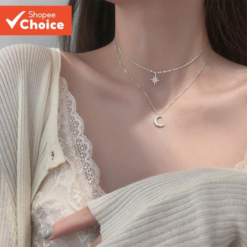 Colar De Lua Estrela De Prata Para Mulheres – Corrente De Clavícula De Camada Dupla Com Pingente De Brilho Moderno