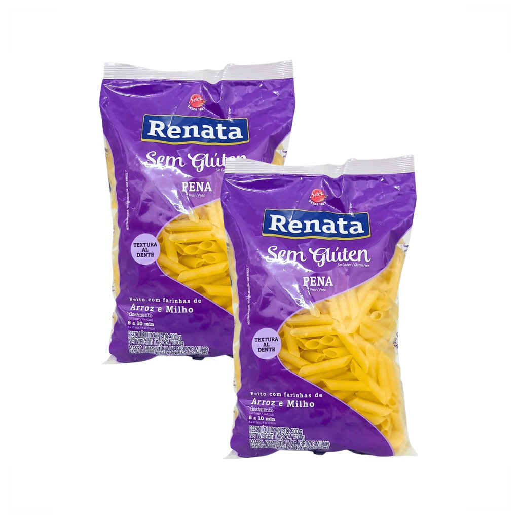 Macarrão Pena Sem Glúten 500G Renata - Kit com 2 Unidades - Feito com Farinhas de Arroz e Milho!