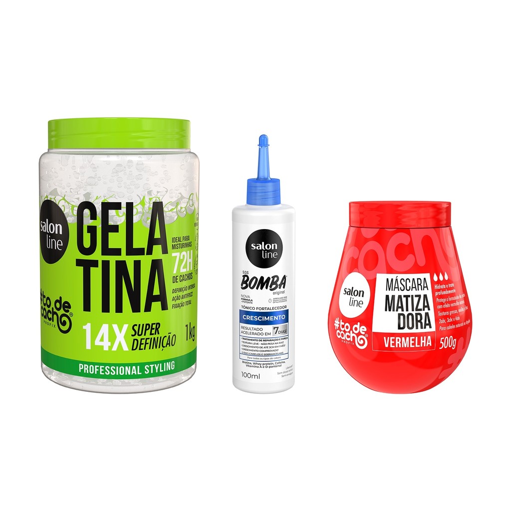 Kit com Máscara Matizadora Vermelha + Tônico Fortalecedor + Gelatina Super Definição Salon Line - Beauty