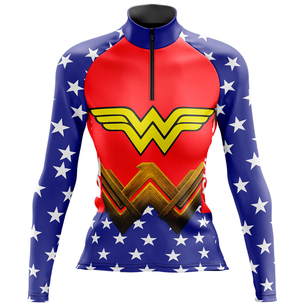 Camisa Ciclismo Feminina Manga Longa Mulher Maravilha Estrelas uv+50 em Oferta na Shopee