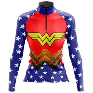 Camisa Ciclismo Feminina Manga Longa Mulher Maravilha Estrelas uv+50 em Oferta na Shopee