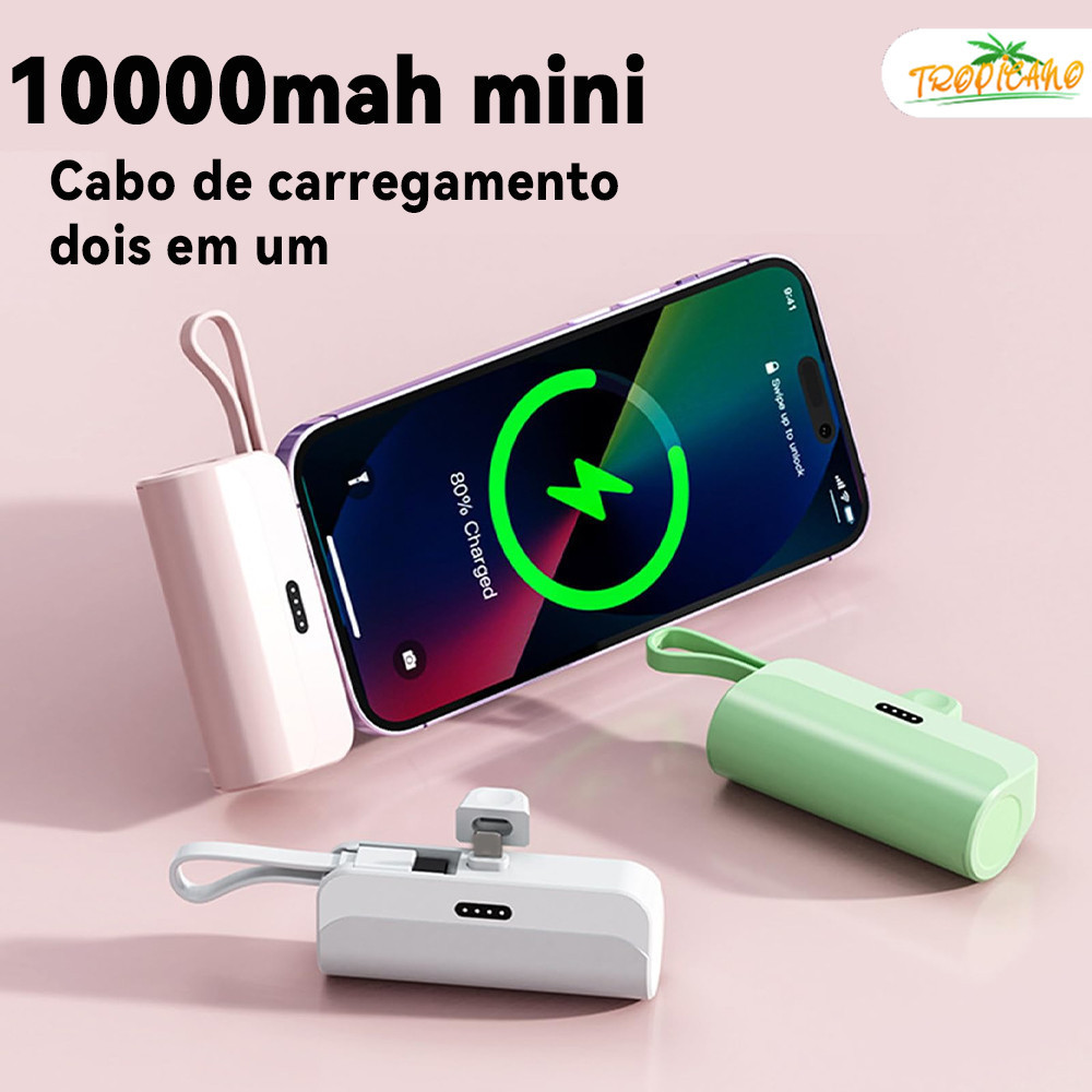 Carregador 2em1 Portátil: Bateria 10000mAh + Base Sem Fio para iPhone e Android Tipo-C