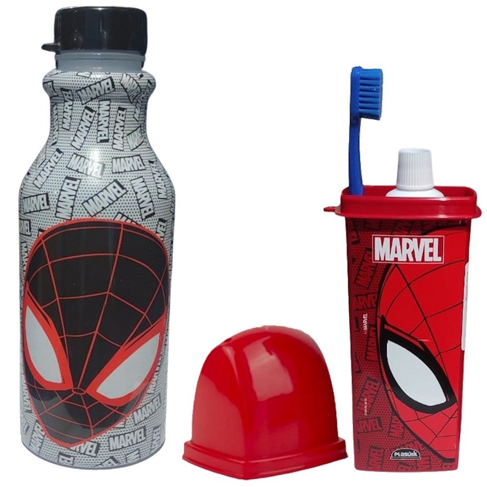 Kit Homem Aranha Garrafa 500ml Antivazamento e Porta Escova