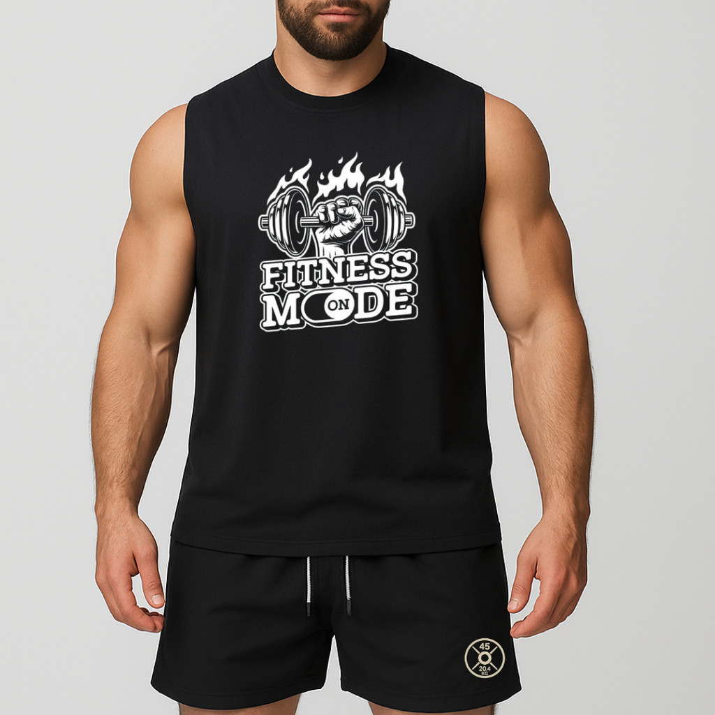 conjunto regata oversized e short de tactel de academia másculino estampada fitness mode on