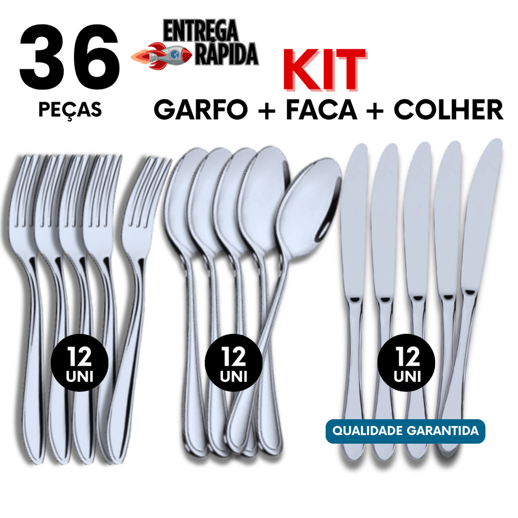 Jogo 36/18/12 Peças Talheres Linha Premium Utilidade Kit Garfos + Facas + Colheres Cozinha Buffet