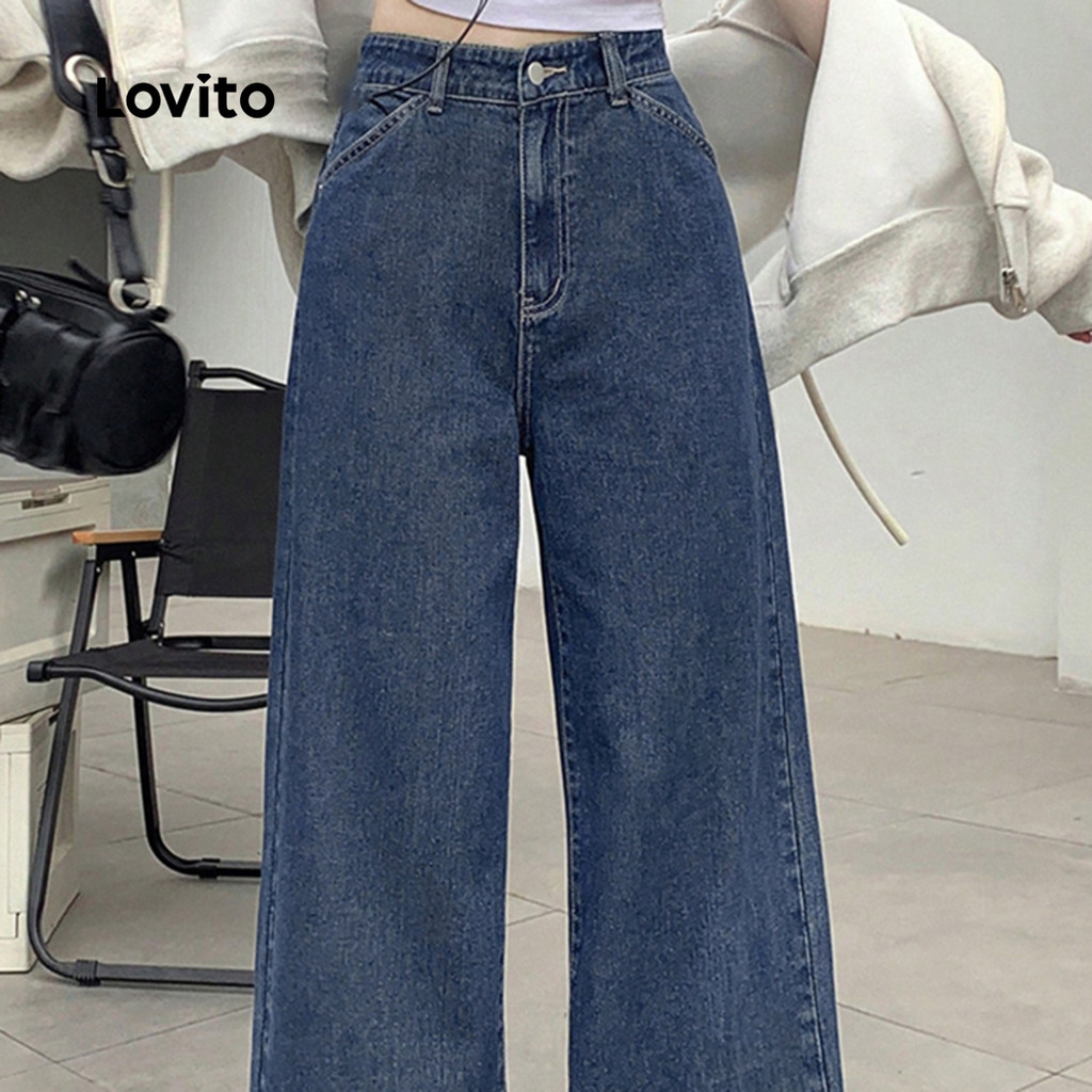 (Trendy) Lovito Jeans Casuais Jeans Lisos Lavados Para Mulheres L114AD616 em Oferta na Shopee