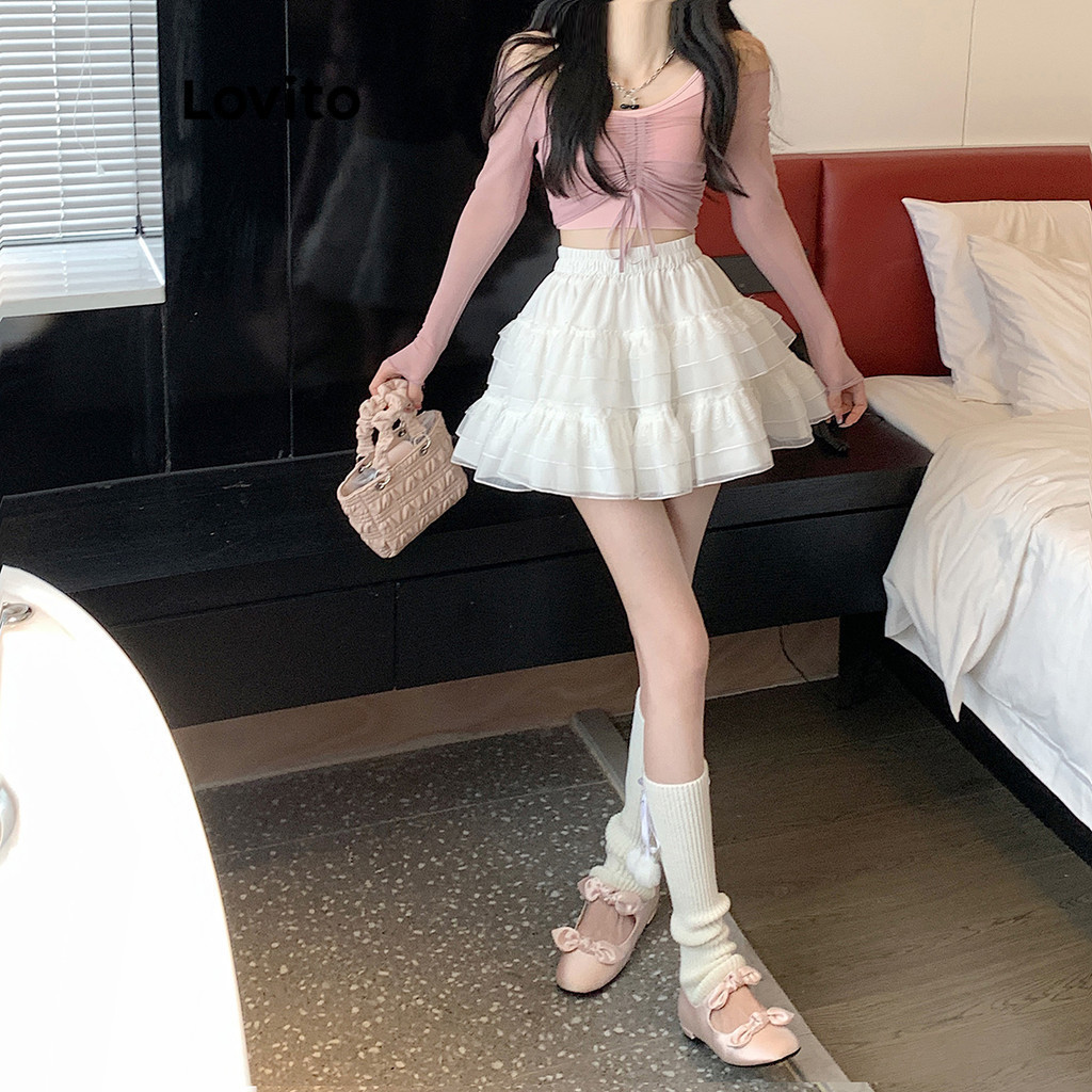 (Trendy) Lovito Saias Fofas Saia De Malha Contrastante De Renda Lisa Em Camadas Para Mulheres L106AD927 - Women Clothes