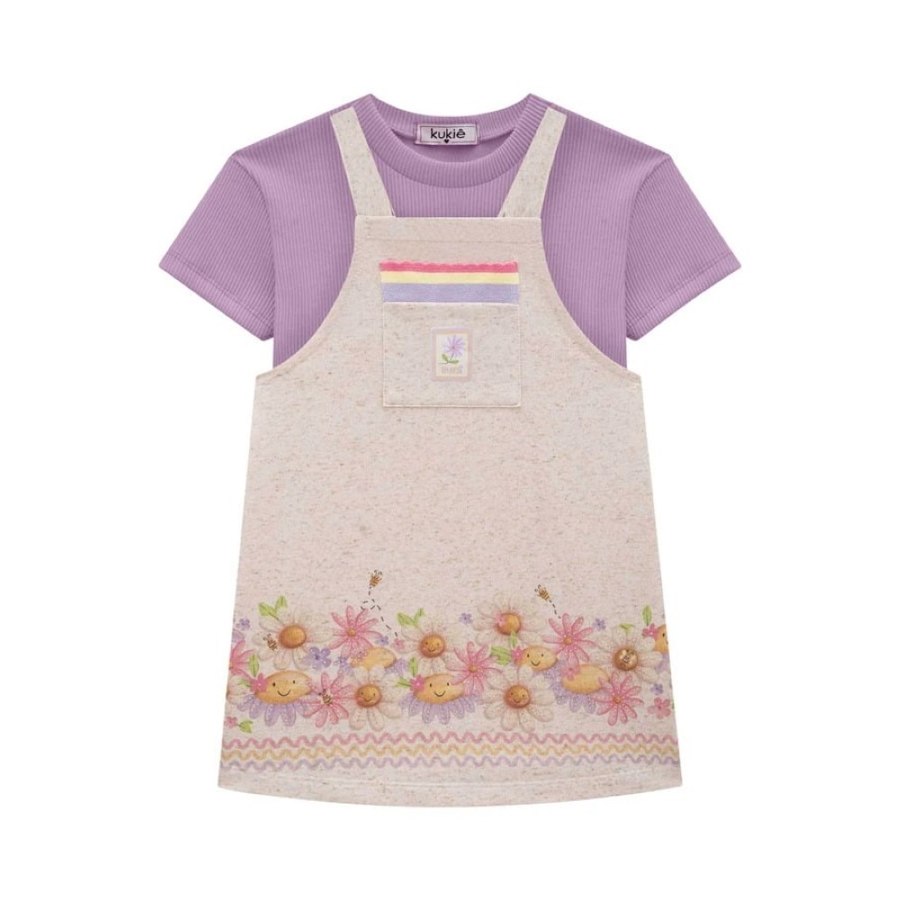 Conjunto Jardineira Infantil Salopete Menina Camiseta Canelada Kukiê Floral Lilás Conforto Delicado