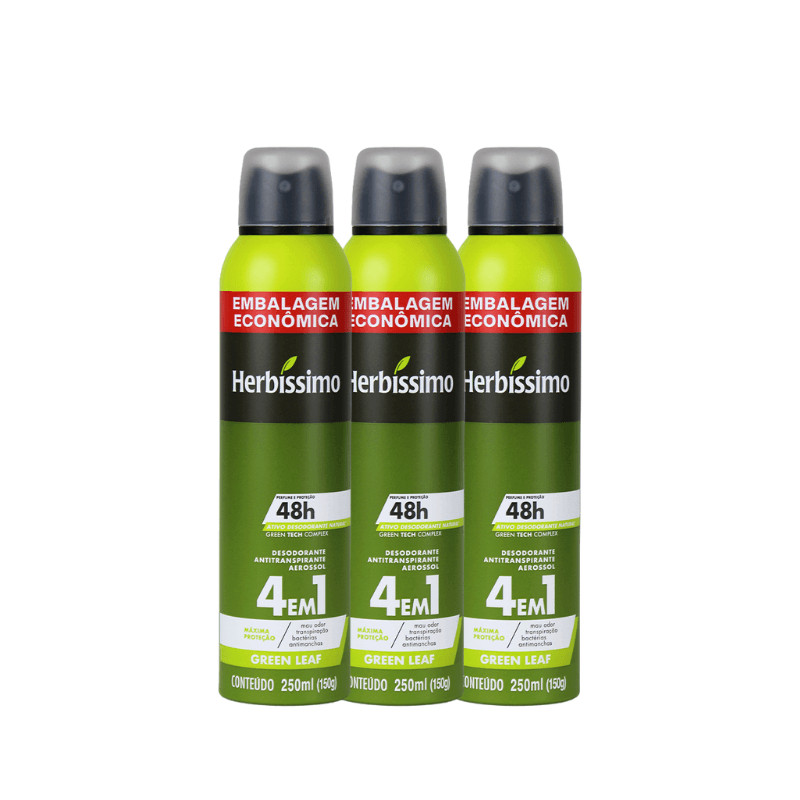 Kit Desodorante Antitranspirante Aerossol Herbíssimo Green Leaf 250ml Embalagem Econômica (3 unidades)