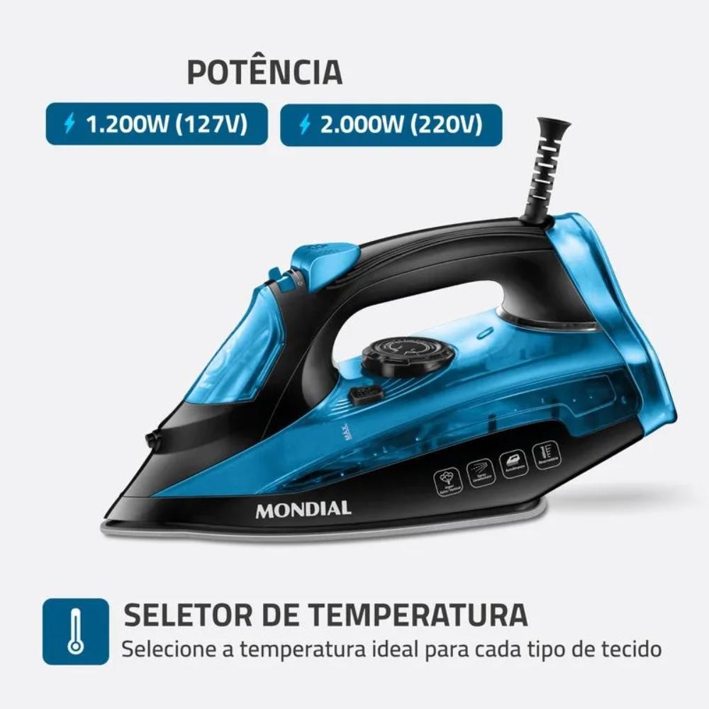 Ferro de Passar Roupa a Vapor e Seco Mondial Base Cerâmica Diamante 2000W Preto/Azul 220V - F-53 · foto 2