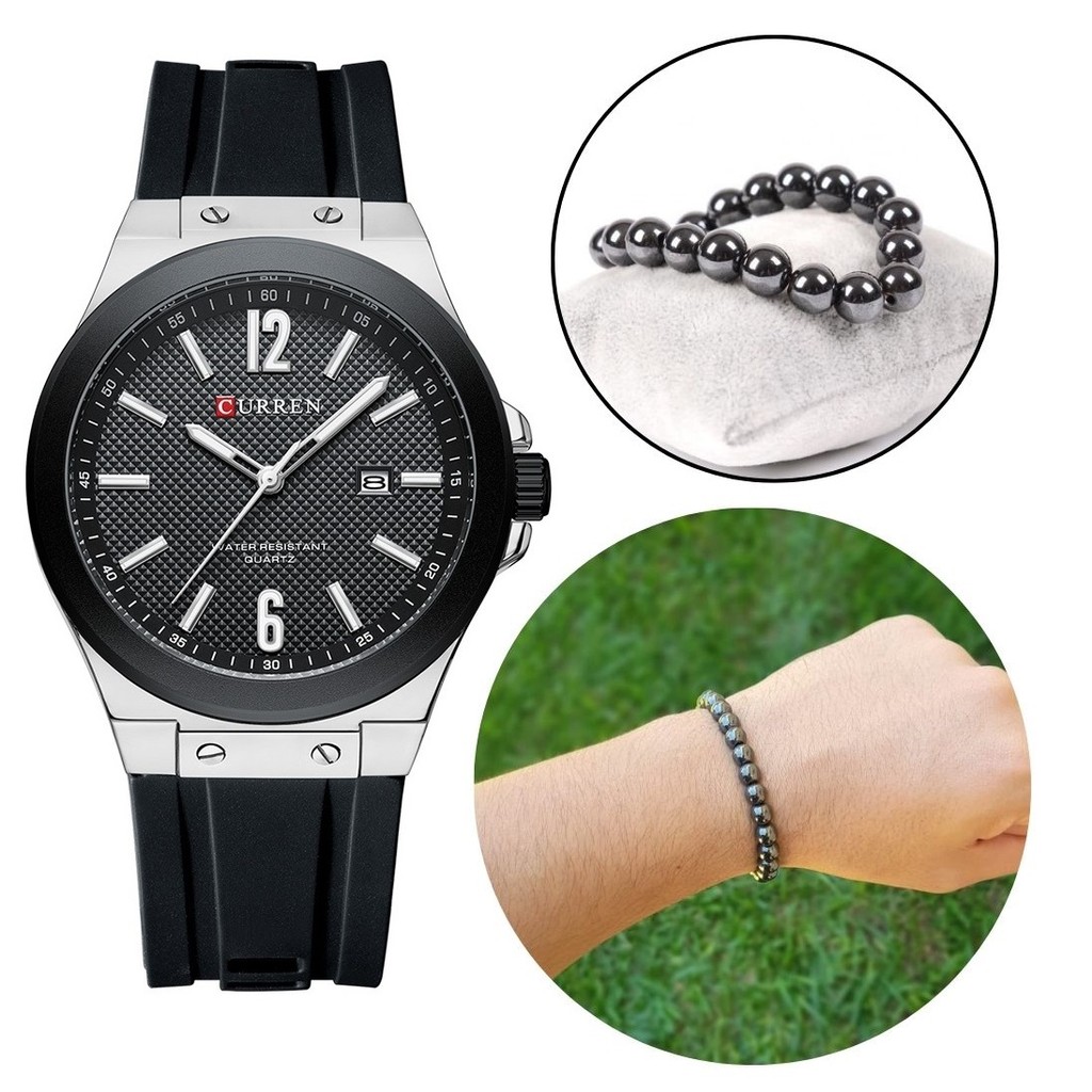 Kit Relógio Masculino Aço Inox Curren + Pulseira Hematita