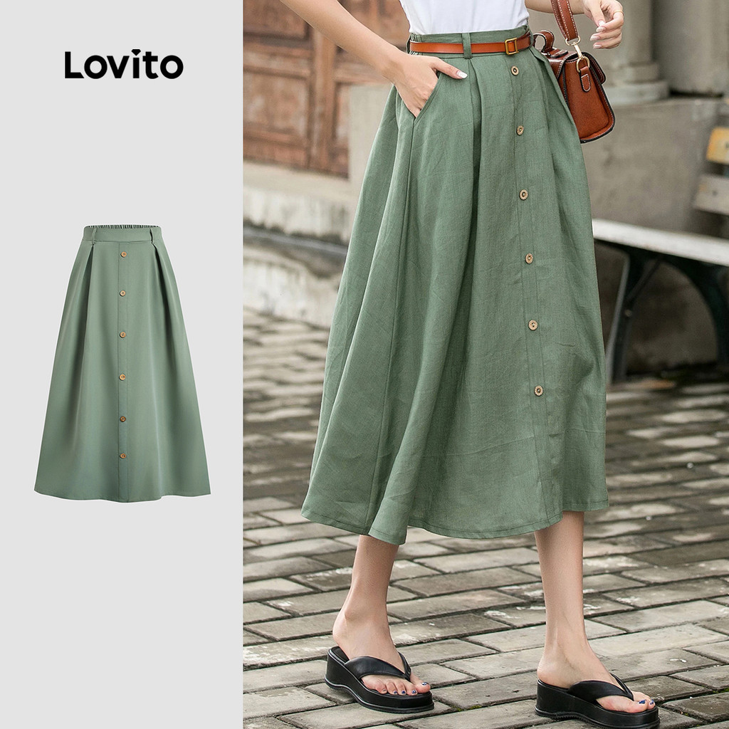 Lovito Saia Casual com Botões e Bolso Tecido Arejado Primavera/verão Saias Cinza/verdes para mulheres LBL26048 - Women Clothes