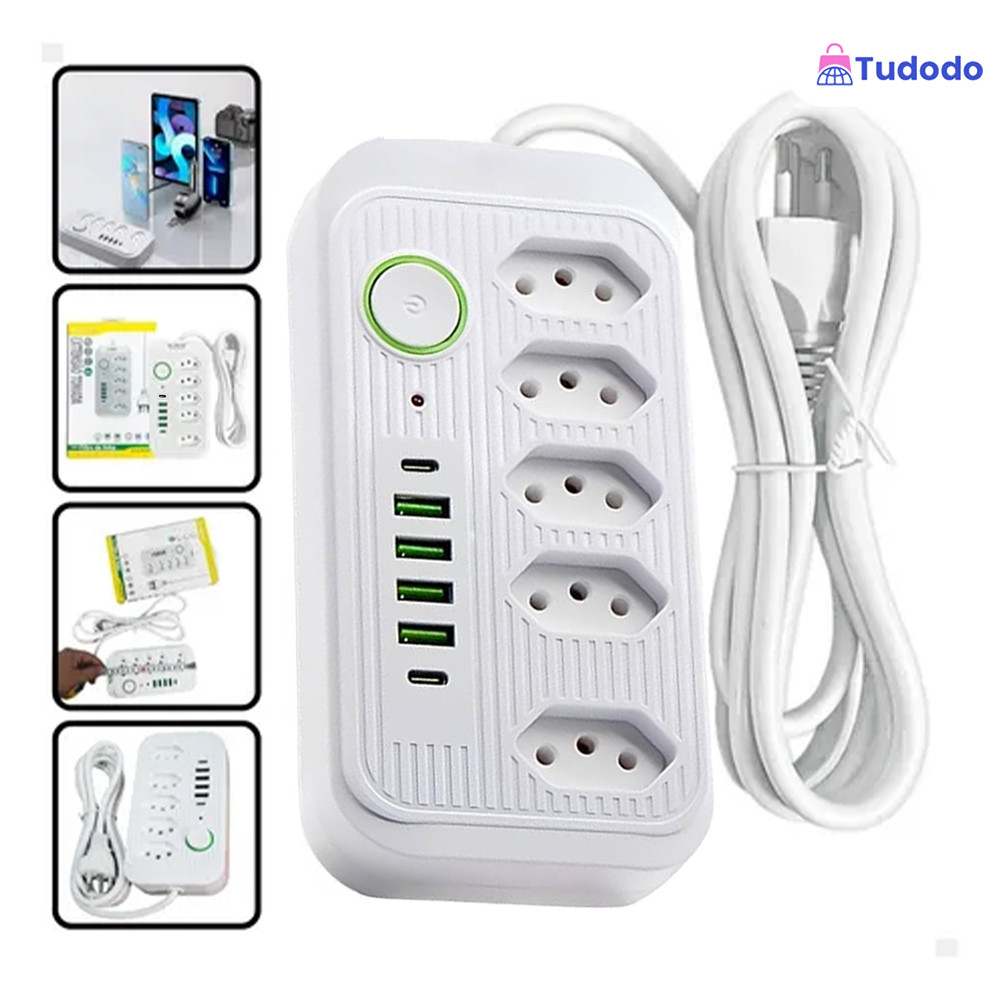 Filtro de Linha Bivolt 5+ Tomadas USB: Coibeu Extensão Segurança com 4 USB Tipo C e Cabo Energia para Casa