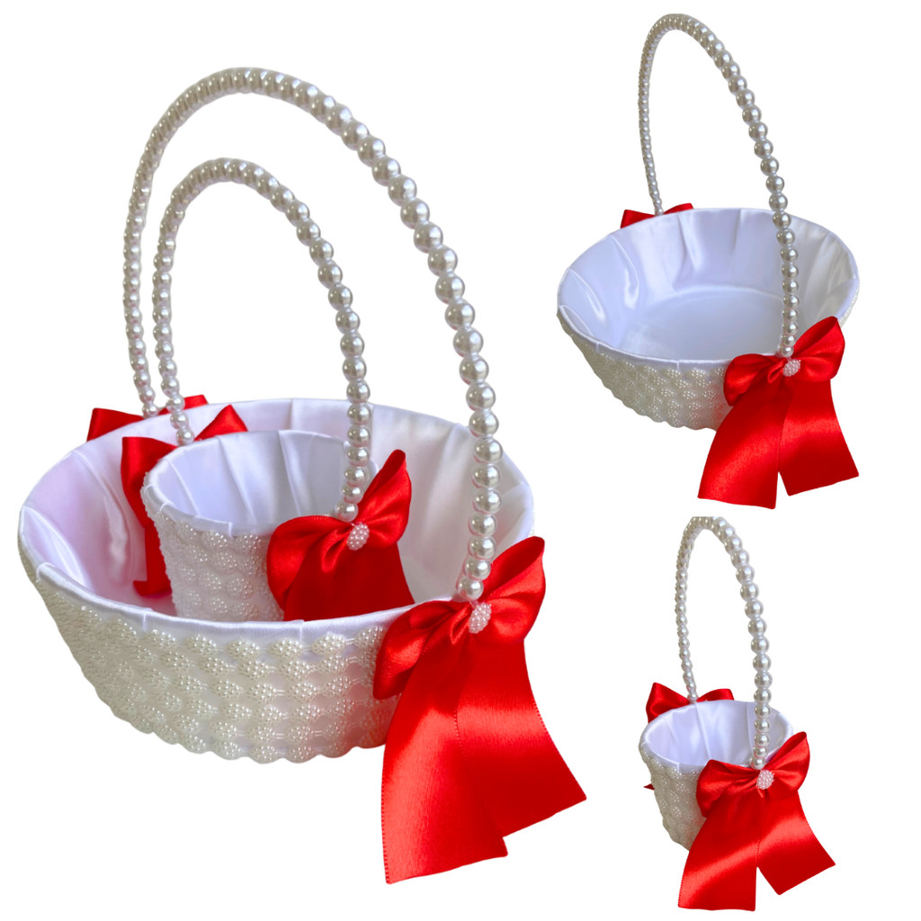 Cesta Daminha Florista + Cesta Alianças Vermelho Com Pérolas