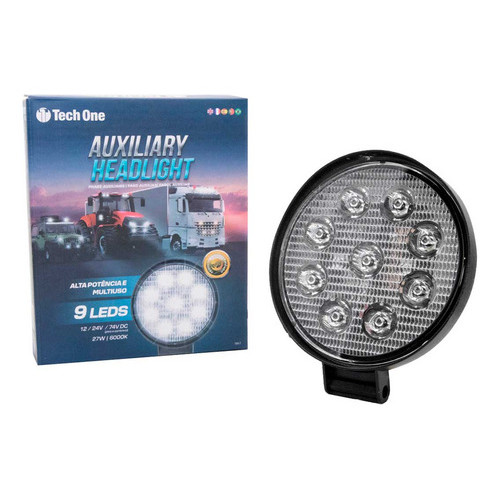 Imagem Farol Auxiliar Redondo 9 Leds 12v/24v 27w 6000k Tech One