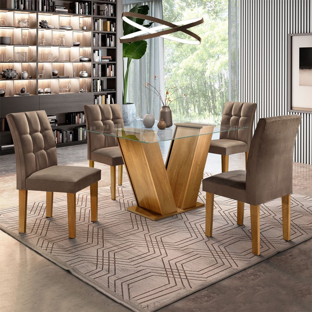 Conjunto Sala de Jantar Mesa Classic Tampo de Vidro 4 Cadeiras Vitória Ypê/Animale Marrom em Oferta na Shopee