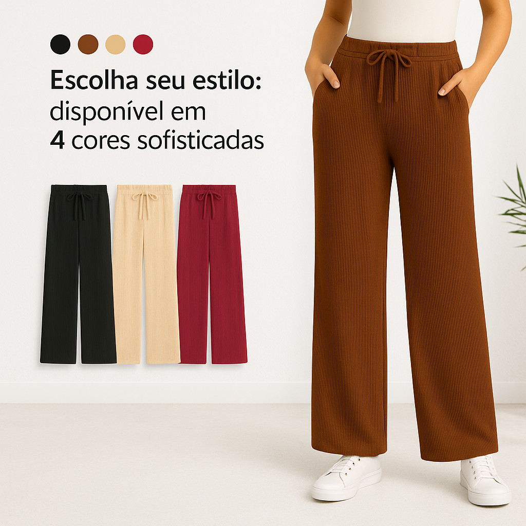 Calça Wide Leg Canelada Pantalona Com Bolsos Lisa Feminino Cintura Alta Cordão Confortável em Oferta na Shopee
