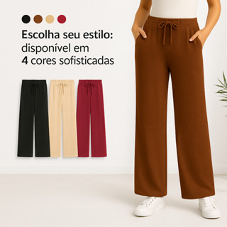 Calça Wide Leg Canelada Pantalona Com Bolsos Lisa Feminino Cintura Alta Cordão Confortável em Oferta na Shopee