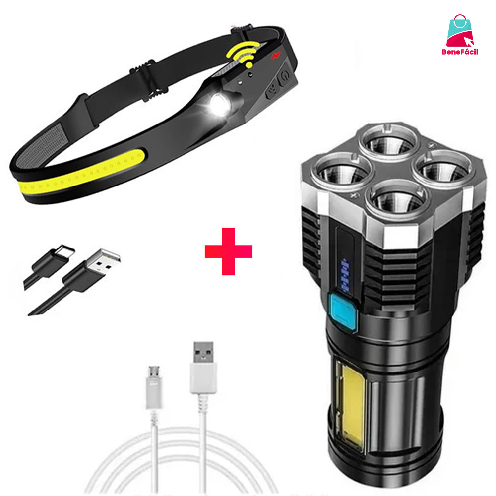 KIT de Lanterna Tatica Recarregavel + Lanterna de Cabeça Led Corpo Motion Camping Torch Light Lamp Com Usb