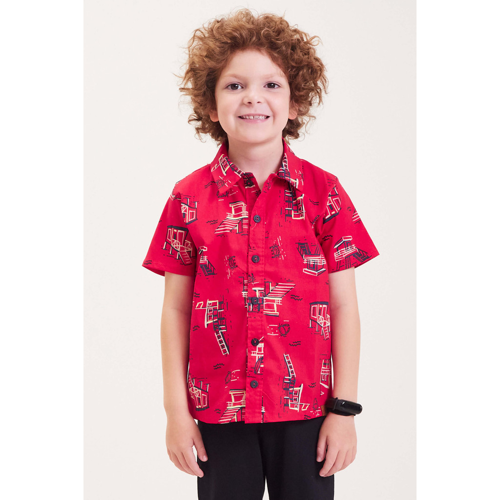 Camisa Infantil Menino Praia Estampada Elian Vermelha - Baby & Kids Fashion