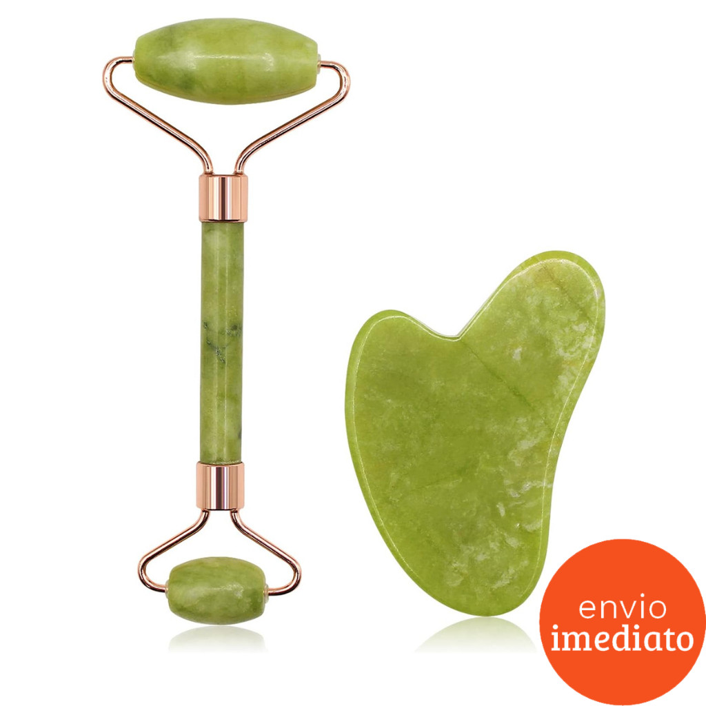Kit Rolo Massageador Facil Pedra Jade e Gua Sha Pedra Anti Rugas