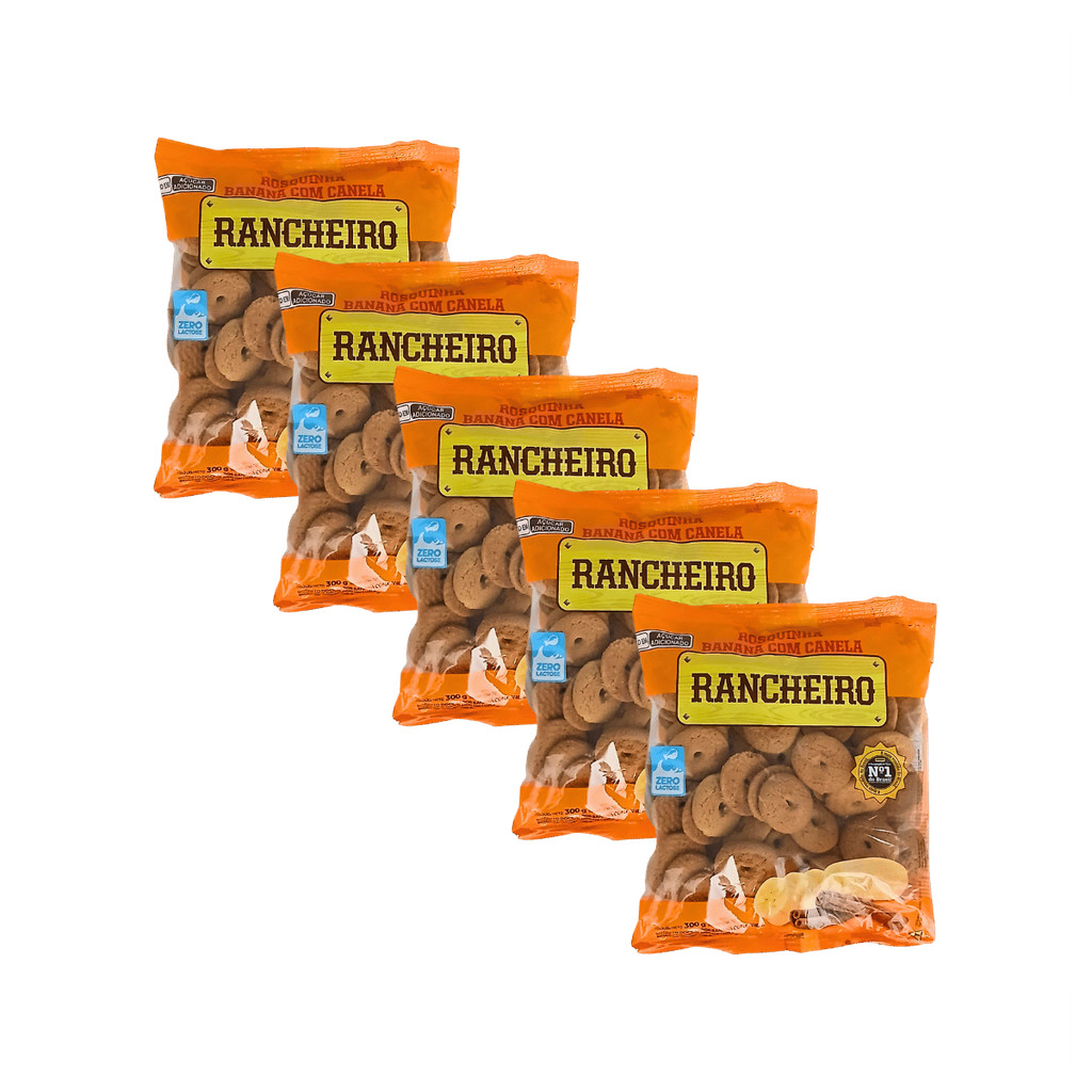 Biscoito Rosquinha Banana com Canela 300g Rancheiro - Kit com 5 Un - Produto Vegano, Sem Lacotose