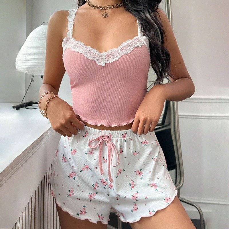 Imagem Europeu americano loungewear renda Suspender Shorts terno confortável elástico casa Casual pode usar fora loungewear fem