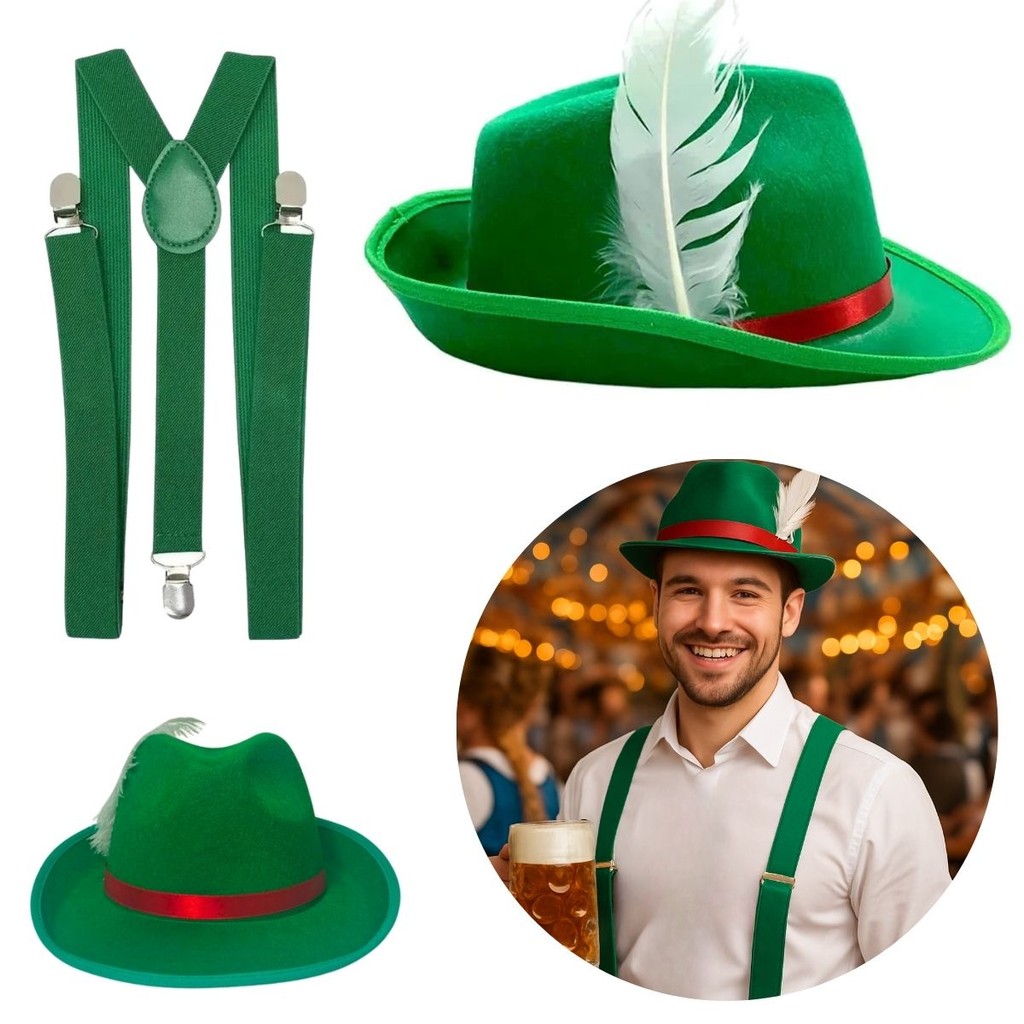 Kit 10 Fantasias Oktoberfest Chapéu Alemão Pluma e Suspensório Verde Traje Festa Comemoração Alemã