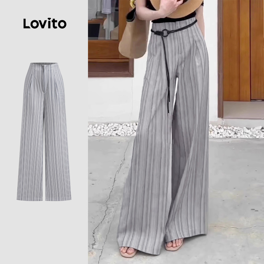 (New) Lovito Calças Casuais Pregueadas para Todas As Estações  Calças Cinza para Mulheres L142ED645 em Oferta na Shopee