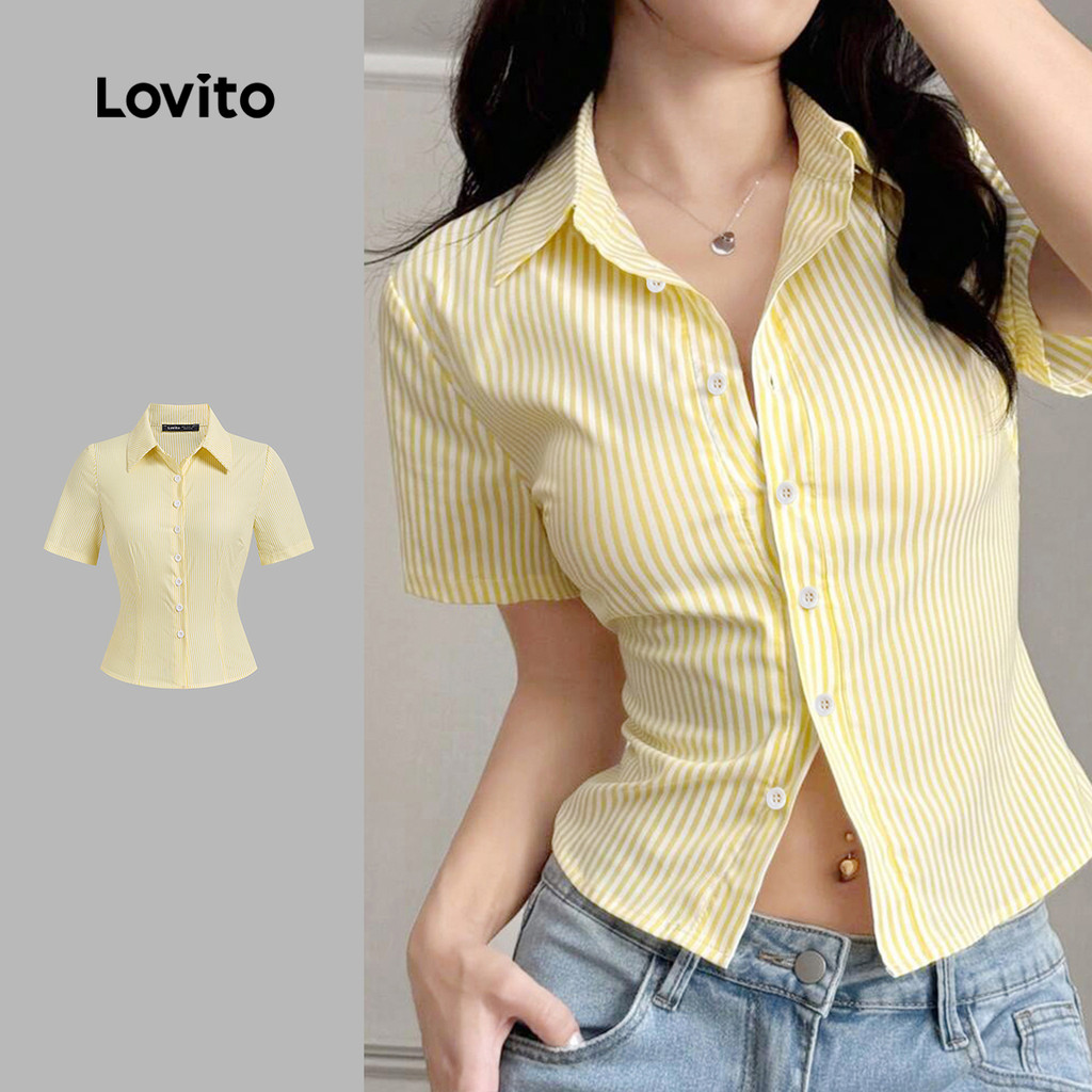 (New) Lovito Blusa Casual com Botões  Forrada  Primavera/verão  Blusa Amarela Clara para Mulheres L143AD628 em Oferta na Shopee