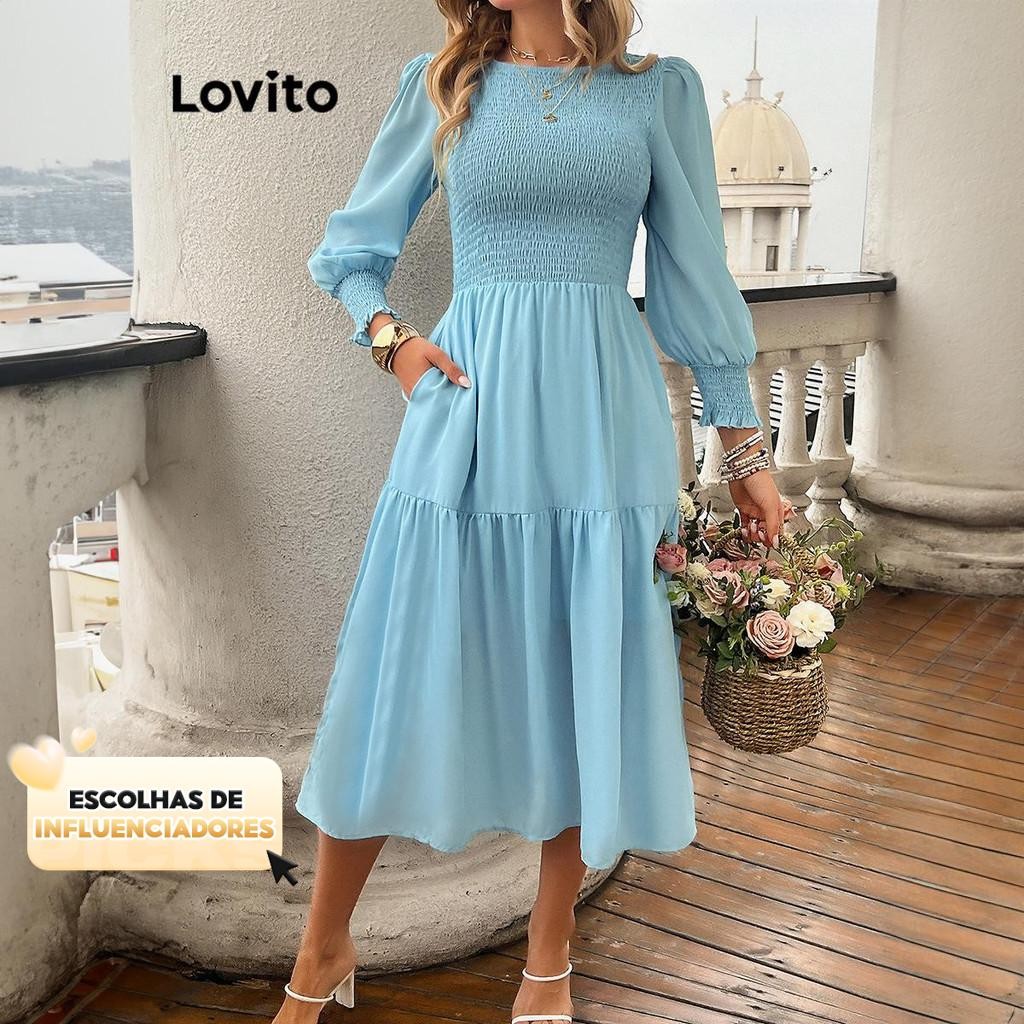 (KOL‘s pick) Lovito Vestido Casual Liso Com Babados Para Mulheres LNL67386
