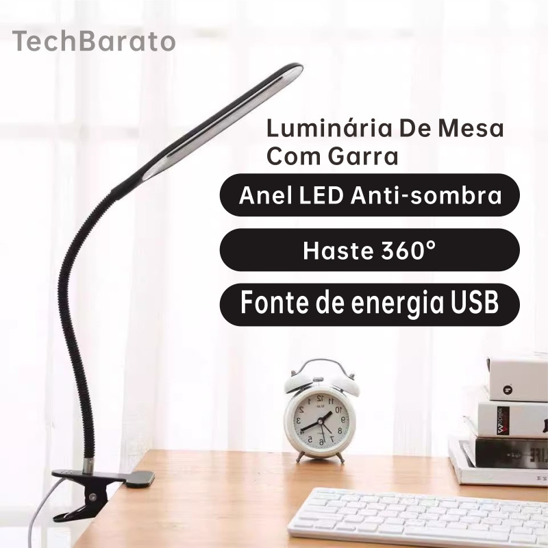 Luminária de Mesa com Garra USB – Perfeita para Maquiagem, Leitura, Manicure e Estudos