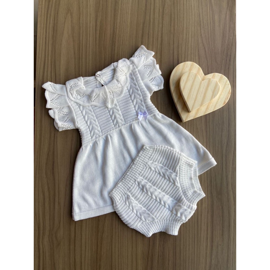 Conjunto Vestido Calcinha Bebê RN Infantil Récem Nascido Menina Tricô Tricot em Oferta na Shopee