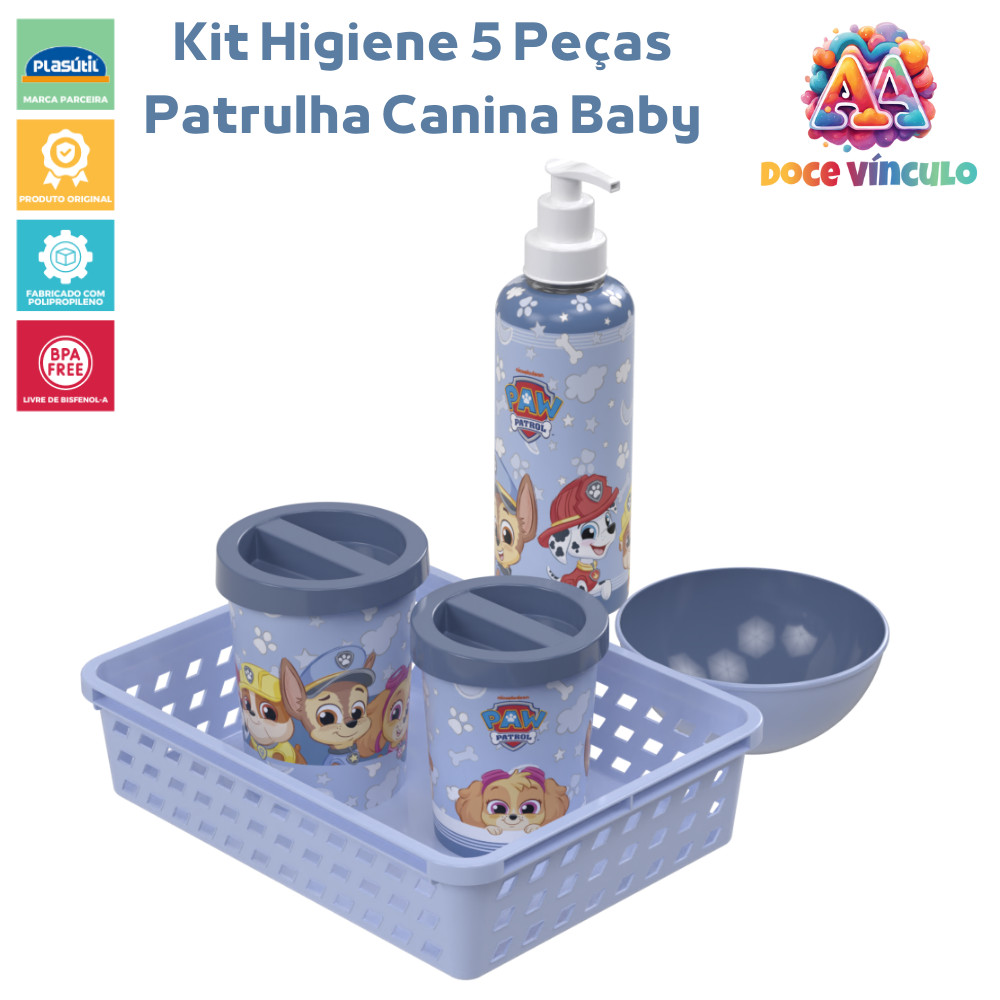 Kit Higiene Bebe Patrulha Canina com Dispenser Porta Algodão Porta Cotonete Plasutil