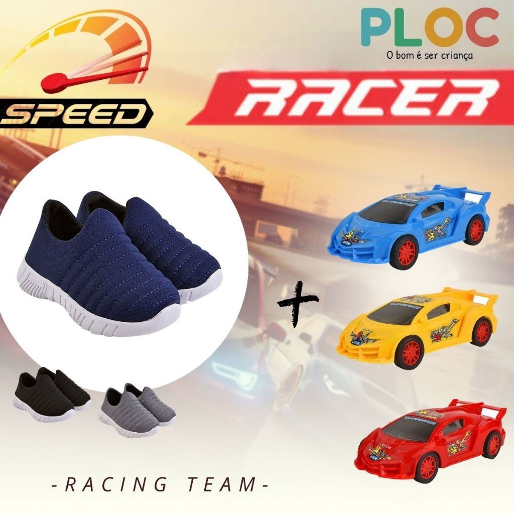 Kit Ploc Racer: Tênis Calce Fácil Passeio Escola P26 MARINHO + Carrinho RACER Ploc