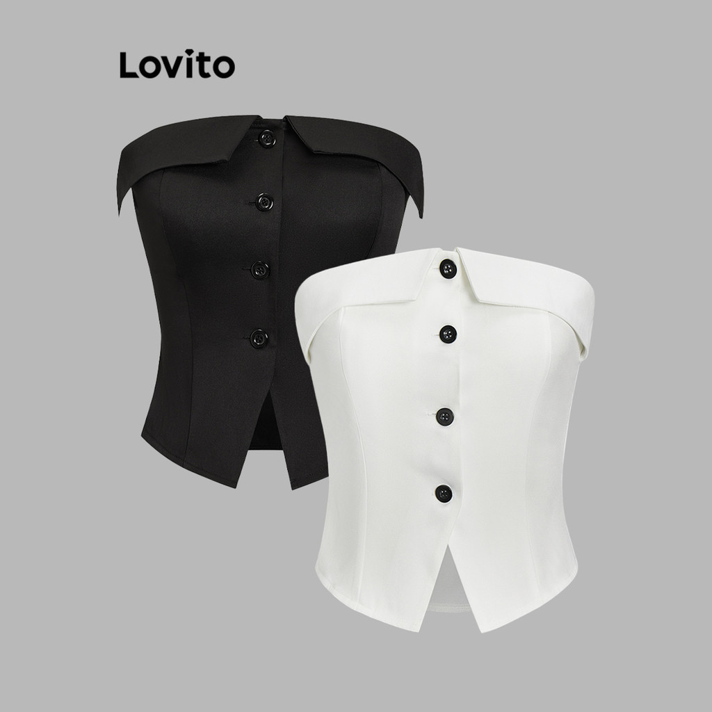 (Trendy) Lovito Regata Casual Com Botões Lisos Para Mulheres L67AD036 (Branco) - Women Clothes