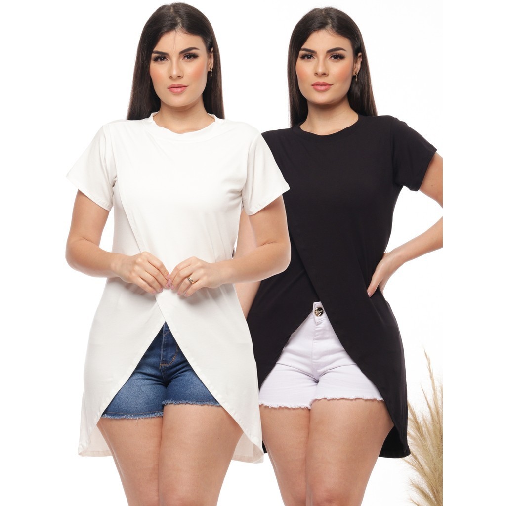 Strella Modas KIT 2 Blusa Casual Feminina Malha Viscolycra Cruzada Mullet Alongada Atras Manga Curta Elegante Básica Dia a Dia
