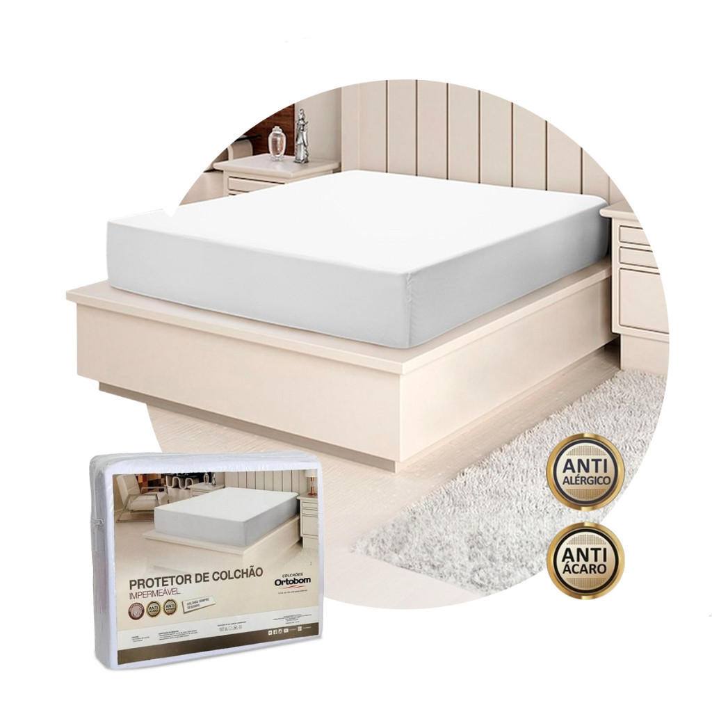 Protetor de Colchão Impermeável Ortobom Branco Com Elástico Para Cama Box Tamanhos Solteiro Casal Padrão Queen e Super King Capa Protetora Lavável Protege