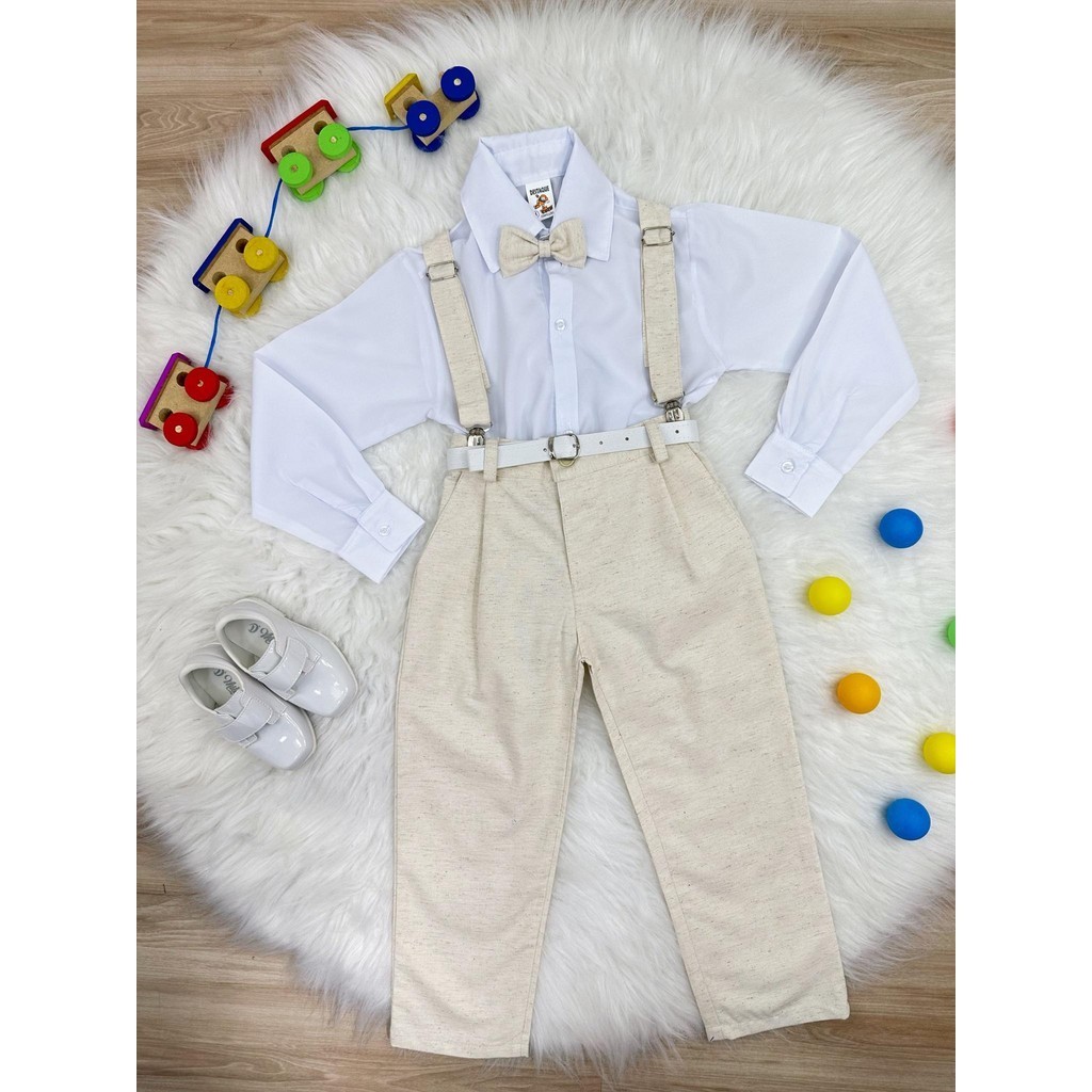 Conjunto Social Conjunto Social Para Pajem Formaturas e Príncipes Calça Gravata e Suspensório Bege Camisa Branca